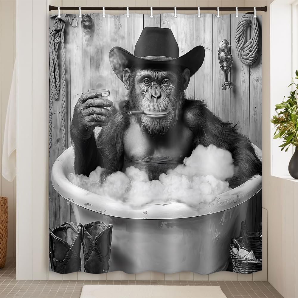 Funny Monkey Shower Curtain Black White Fun Western Cowboy Gorilla Bathtub Farmhouse Rustic Cool Animal Funky Chimpanzee