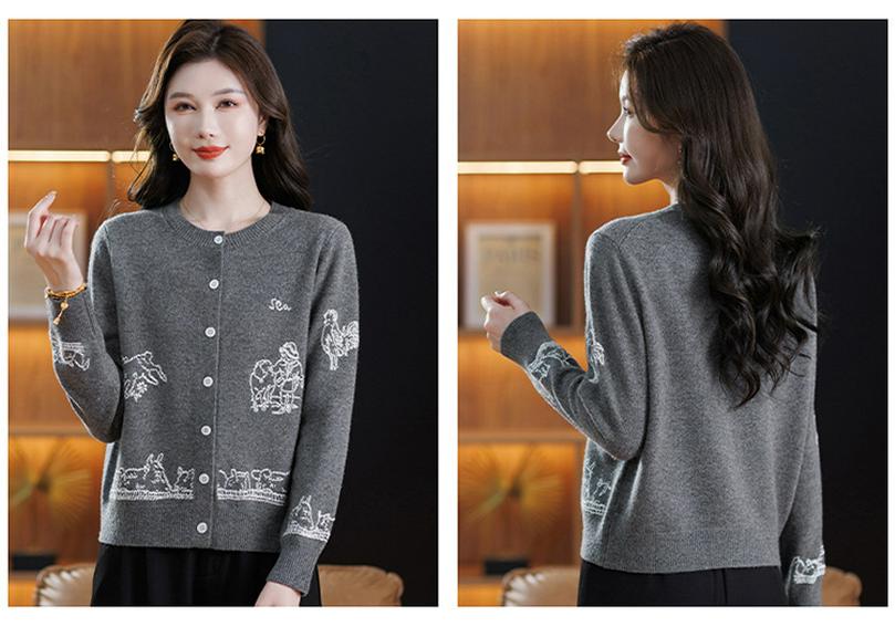 Women's Jacquard Wool Cardigan: Autumn/Winter Knitwear for Stylish Middle-Aged Mothers