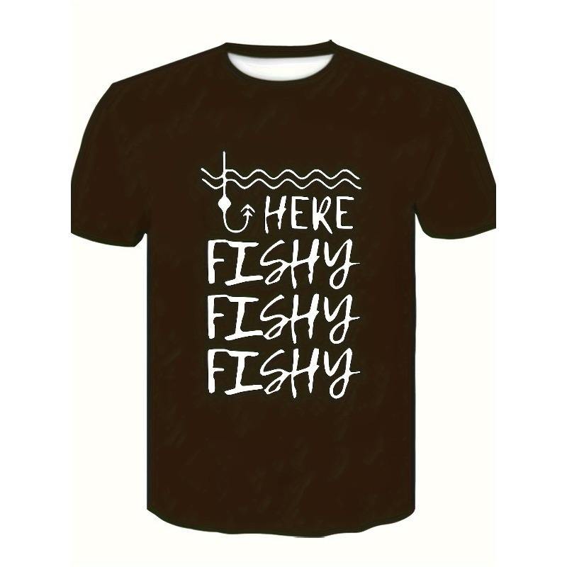 European Sizes Men's Casual "HERE FISHY" Print T-Shirt - Comfortable Polyester, Round Neck, Short Sleeve Tee for Summer - Machine Washable