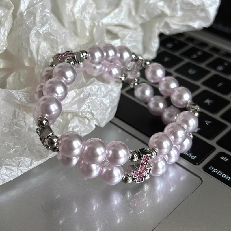 A52E Adjustable Stretch Pearls Bracelet Double Strand Crosses Pendant Elastic Jewelry for Birthday Gift