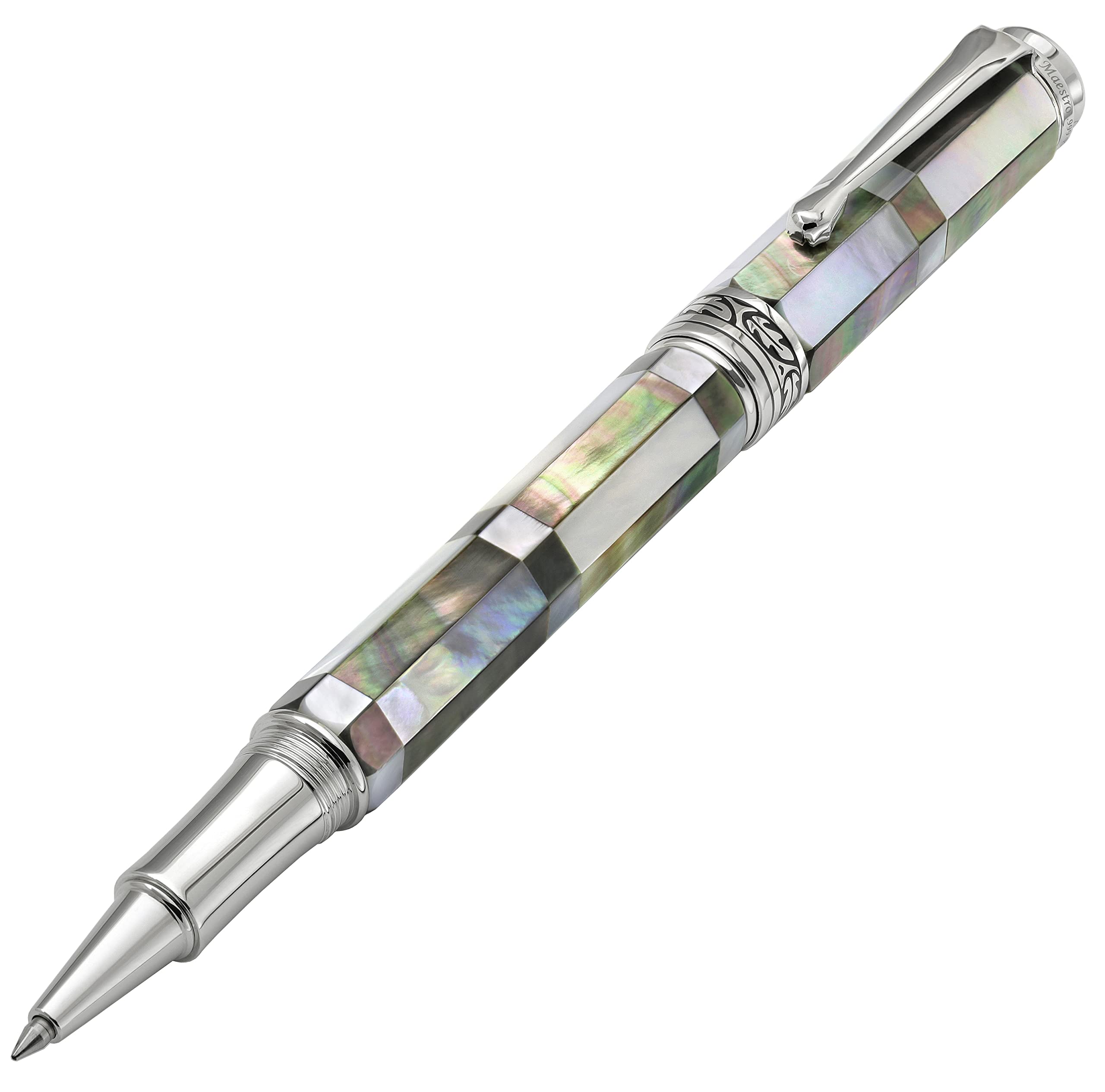 

Xezo Maestro Octagonal Handmade Rollerball Fine Tahitian Black White Chrome No two pens are Vintage Collection Pen, Point. & Mother-of-Pearl,