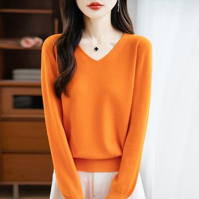 New Autumn and Winter Women's Long-sleeved Sweater with V-neck Pullover, Versatile, Loose and Slimming Solid Color Sweater