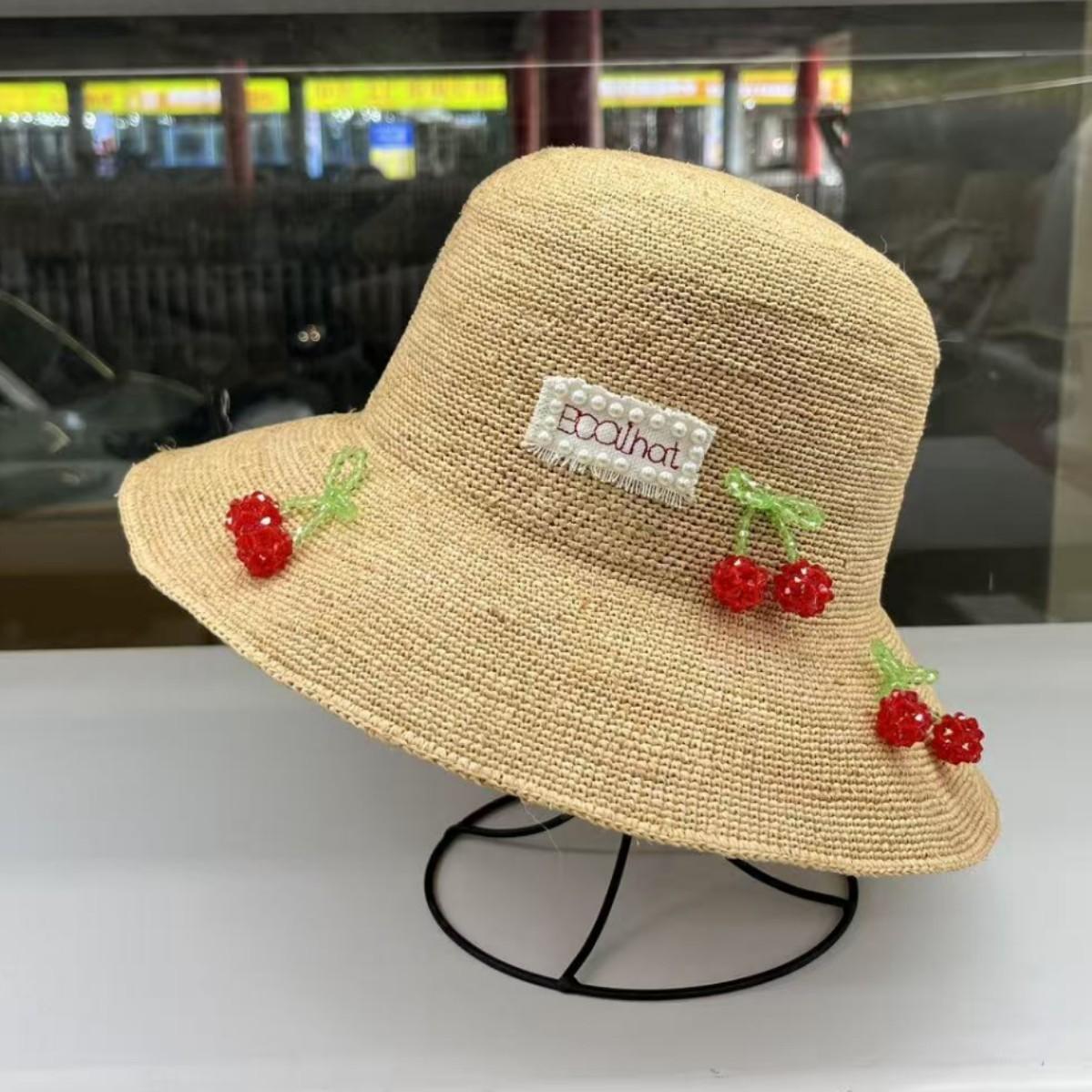 

French imported material UV protection extra fine raffia handmade hook straw hat summer travel beach fisherman straw hat M（55-58cm）