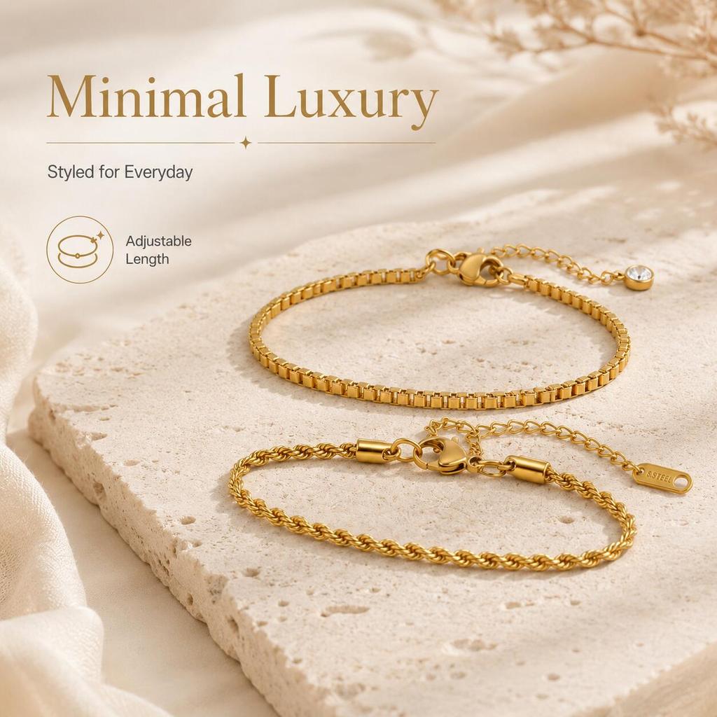 Stacking Bracelet, Gold Color Adjustable Link Chain Bracelet Set, Minimalist Women Waterproof Jewelry
