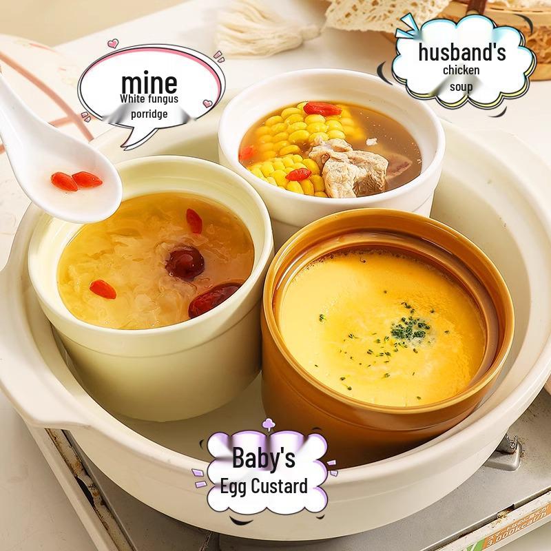 Keramický hrnec na dušení ve vodní lázni s víkem - Miska na polévku pro jednu porci a napařovaný vaječný krém