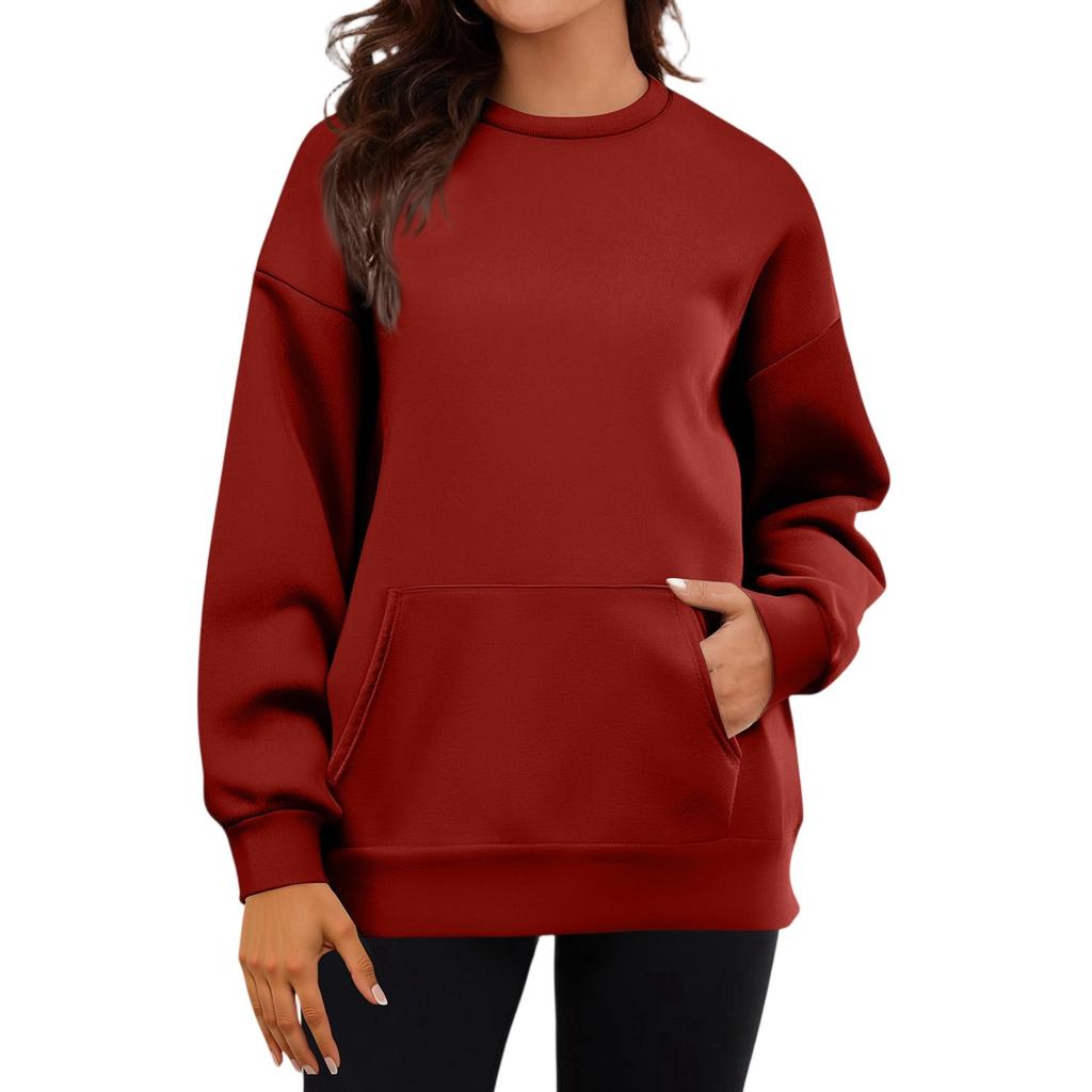 Haut de Sweat-shirt Décontracté pour Femme à Manches Longues, Couleur Unie, Col Rond, avec Poches