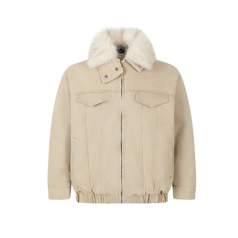 

Cabbage Coke American Retro Washed Vintage Denim Cotton Jacket Winter Detachable Fur Collar Loose Cotton Coat for Men Apricot color XL