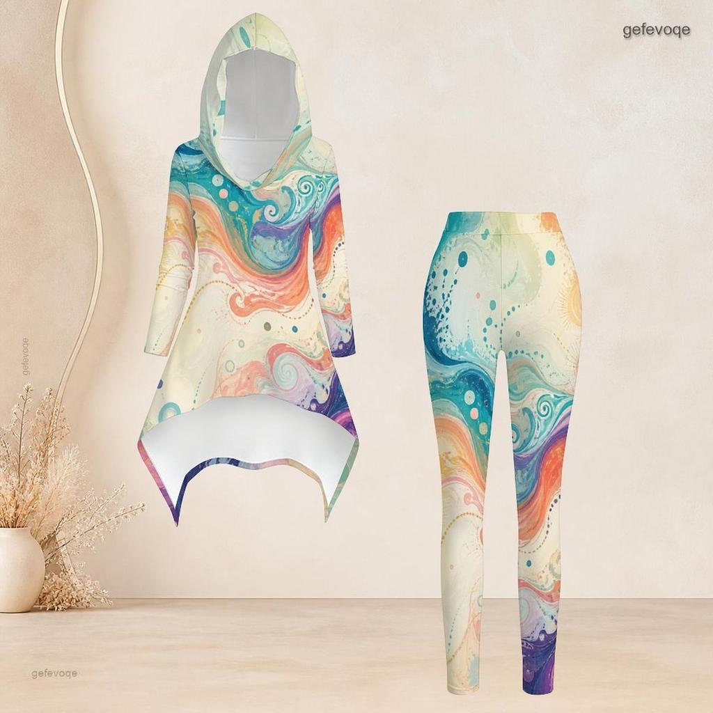 Women Plus Size Red Black Printed Hooded Long Sleeve High Low Top Fitted Pants Two Piece Set