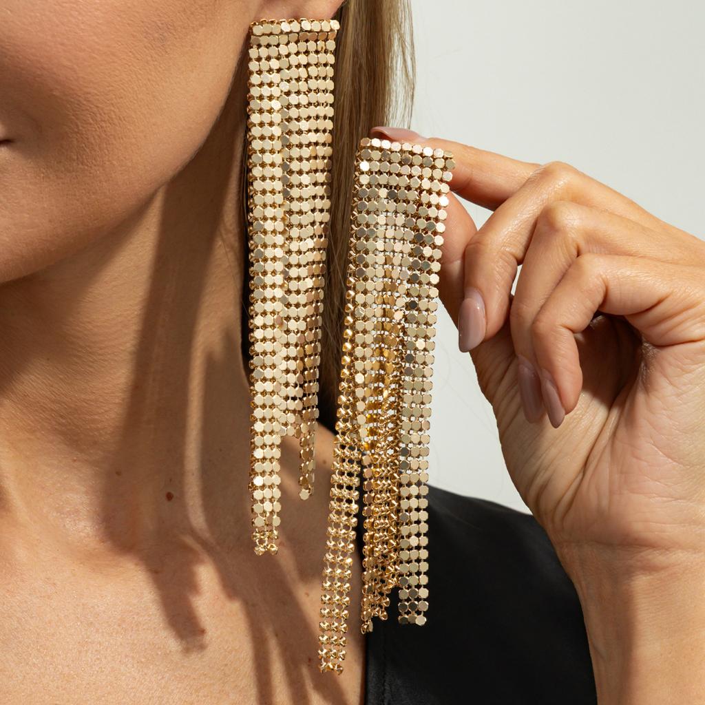 Fashion Long Aluminum Mesh Chain Fringed Stud Earrings, Exaggerated Geometric Metal Sequins Za Earrings For Women