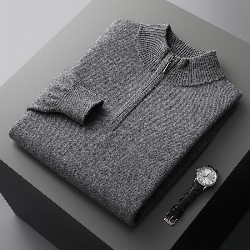 Men's 100% Pure Wool Half-Zip Sweater - Thickened Knit Base Layer for Autumn and Winter