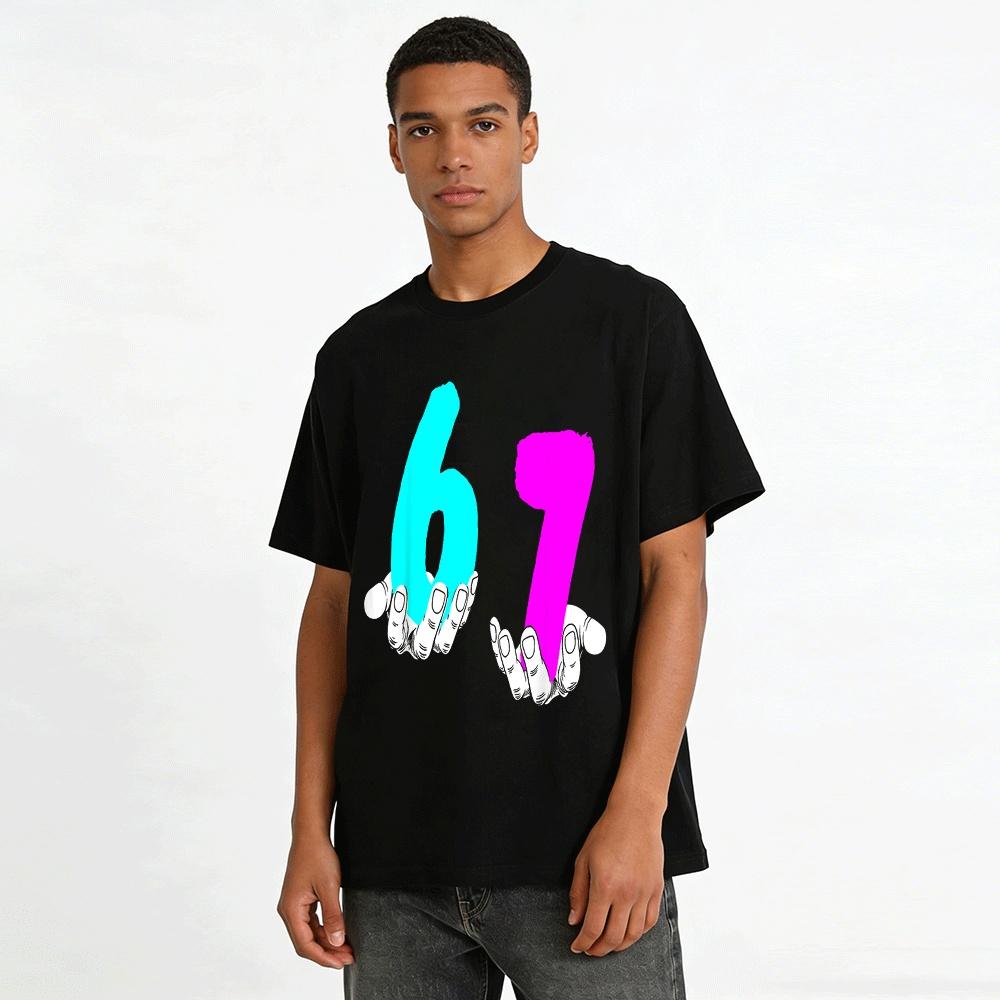 Trendy Contrast Color Number 67 Print Casual Loose Short Sleeve T-Shirt Pure cotton T-shirt