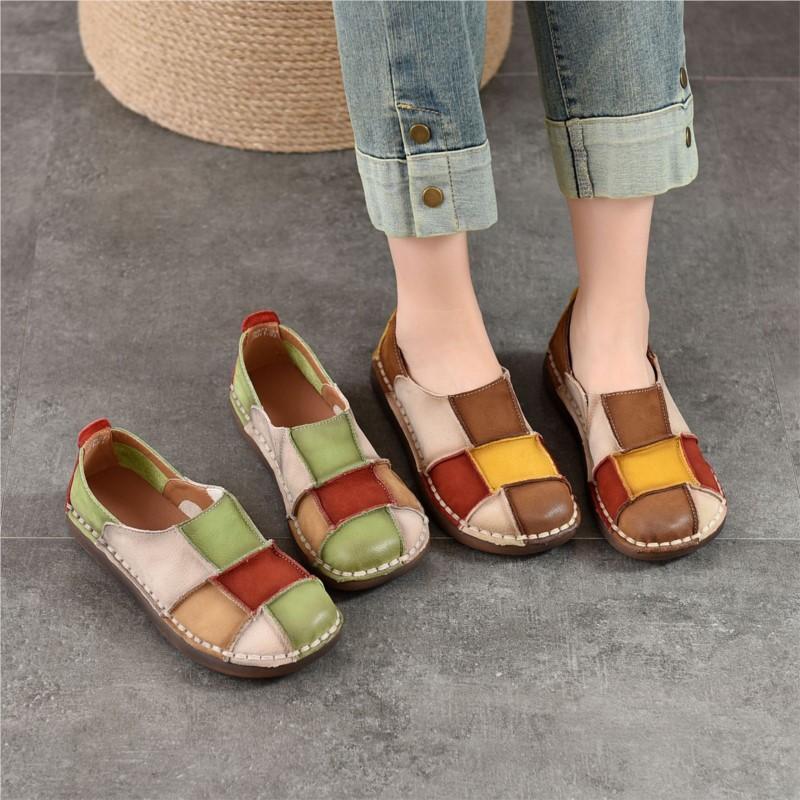 Johnature Retro Genuine Leather Mixed Colors Soft Soled Slip-on Shoes Versatile Round Toe Flat Shoes