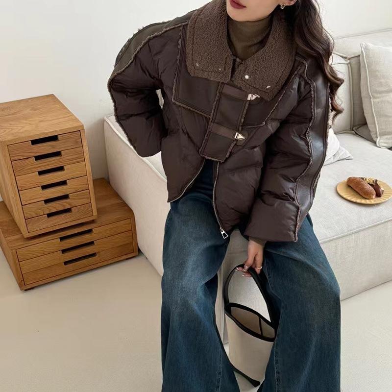 

PU splicing locomotive wind down jacket women s short 2025 winter lapel lamb wool warm small trendy coat One size