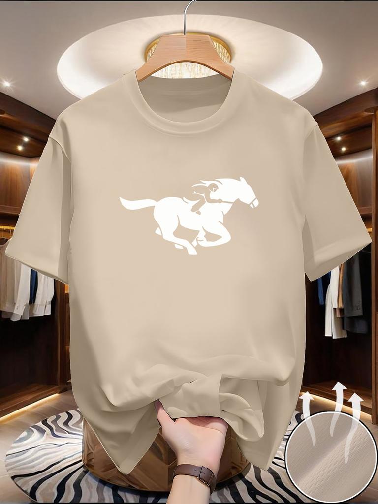 Round Neck Super Elastic Casual Cavalry print Short-Sleeved Men Daily Party Home Social T-Shirt Solid Color Vintage Streetwear