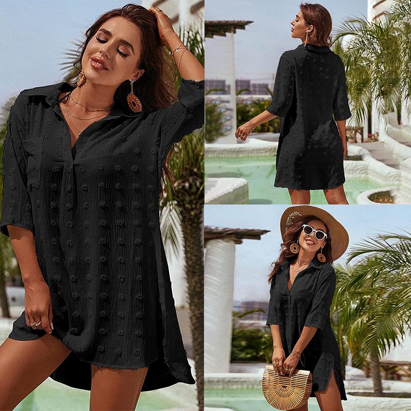 Beach Shirts Solid Cover Ups for Swimwear with Pockets Women Summer Tunic Half Sleeve Holiday Bathing Suits
