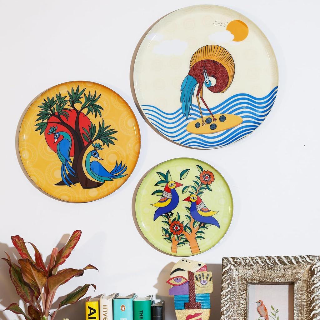 Metal Decorative Wall Plates | Home Decoration | Worli Art Design | Living Room Wall Decoration | Décor Items | Gift Items (Multicolour) (Set of 3)