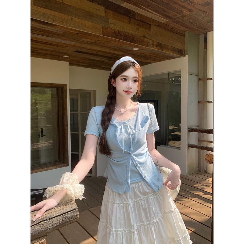 2026 Summer Plus Size Women s Sweet Lace Patchwork Ruffle Short Sleeve Top XL
