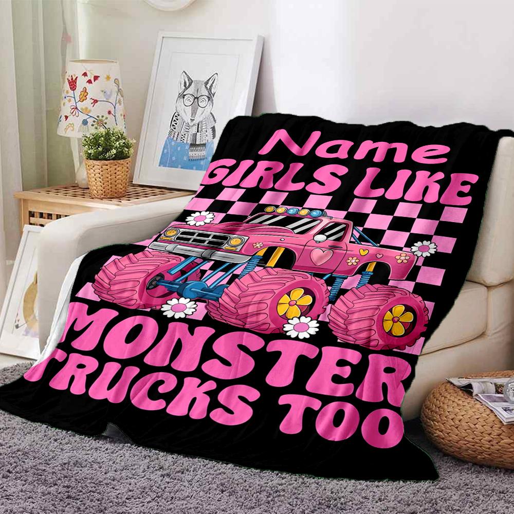 Custom Name Truck Theme Printed Blanket - Perfect for Couch, Bed, Travel & Outdoor Use | Machine Washable, Cozy & Durable.