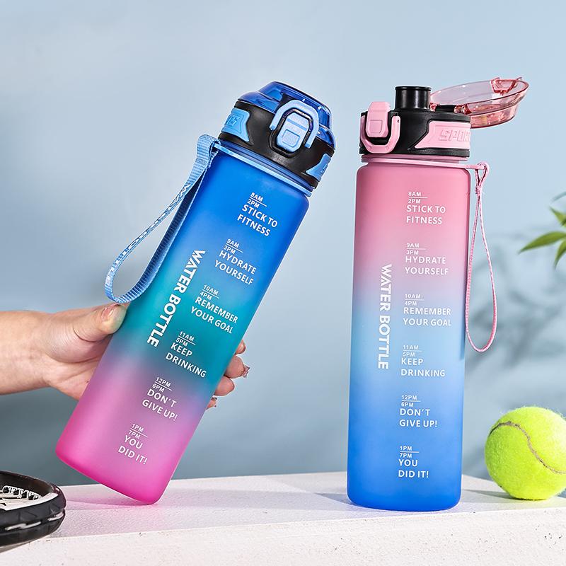1 l Sport-Wasserflasche, auslaufsicher, mit Farbverlauf, matt, motivierende Wasserflasche mit Zeitmarkierung, Trinkwasserflasche für Frauen und Männer