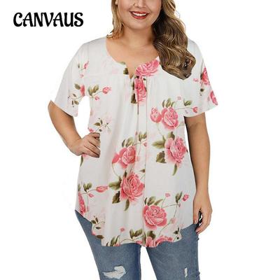 Summer Women's T-shirt Short Sleeve Tops V-Neck Button Plus Size Printed T-Shirt
