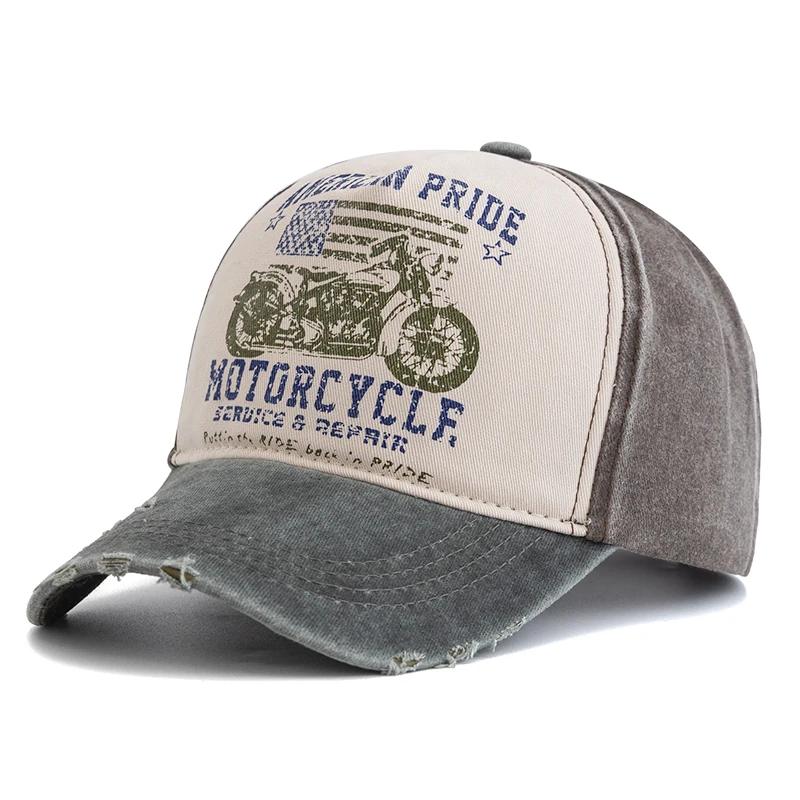 New Motorcycle Printing Baseball Cap Vintage Color Block Washed Cap Adjustable Dad Hats for Women Men