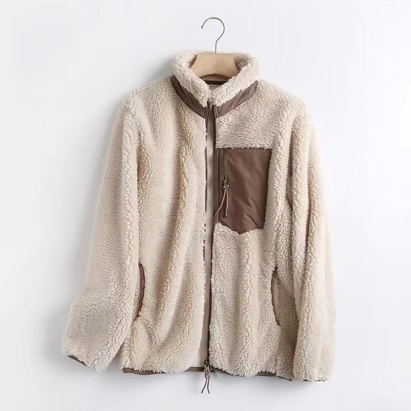 Autumn and Winter Women's Outerwear with Contrasting Fabric, Fine Edge Decoration, Zipper Cardigan, Casual Plush Jacket