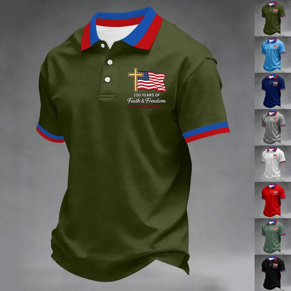 Herren Kurzarm-Polohemd mit Flaggen-Patch und Stickerei Klassische Passform Komfortables Design