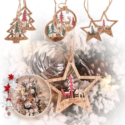 Christmas Tree Three-Dimensional Elk Pendant Color Wood Star Round Six Piece Set