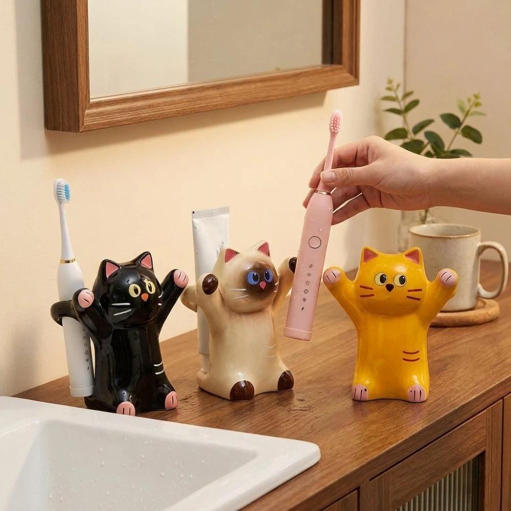 Cartoon Animal Cat Toothbrush Holder Anti-Slip Base Toothpaste Storage Shelf Bathroom Organizer