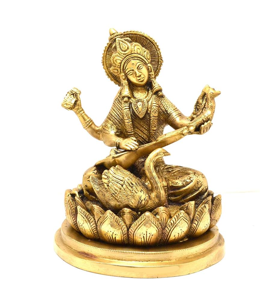 Original Brass Goddess Saraswati Idol, Religious, Murti, Gold, Size - Standard