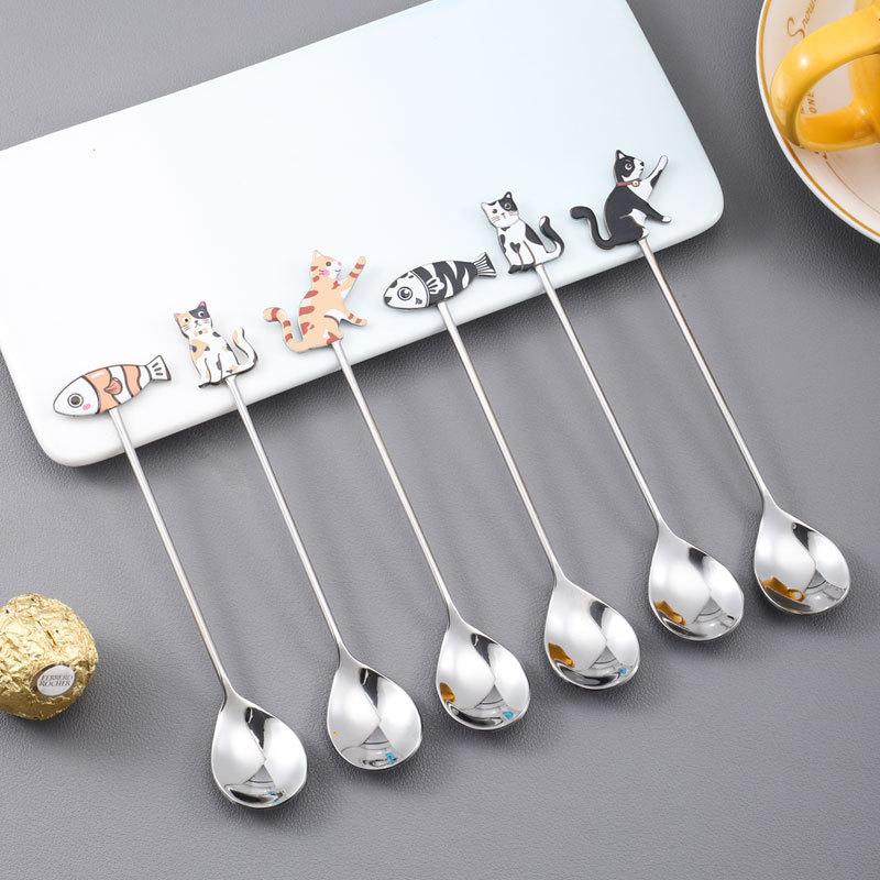 Cute Paintings Cat 304 Stainless Steel Spoon Hollow For Coffee Tea Dessert Spoon Kitchen Tableware Gifts For Students Children