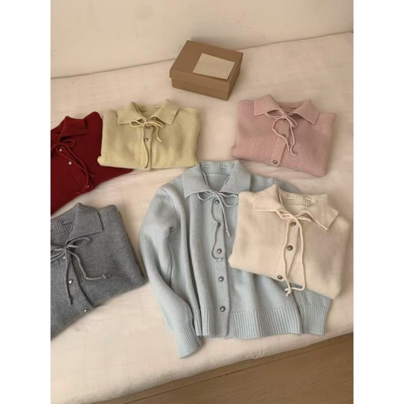 Early spring atmosphere sweet lace-up single-breasted loose knitted coat women's long-sleeved simple solid-color coat