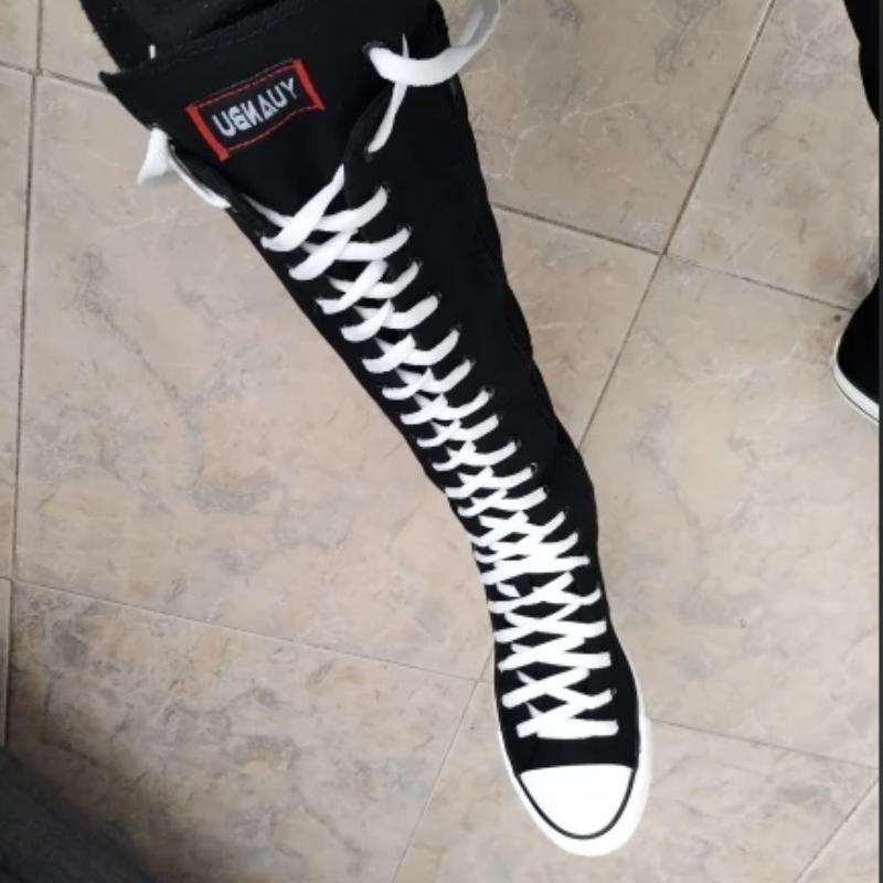 New High Top Canvas Shoes for Women's Inner Elevated Casual Shoes with White Laces for Fashion Versatile Women's Flat Bottom