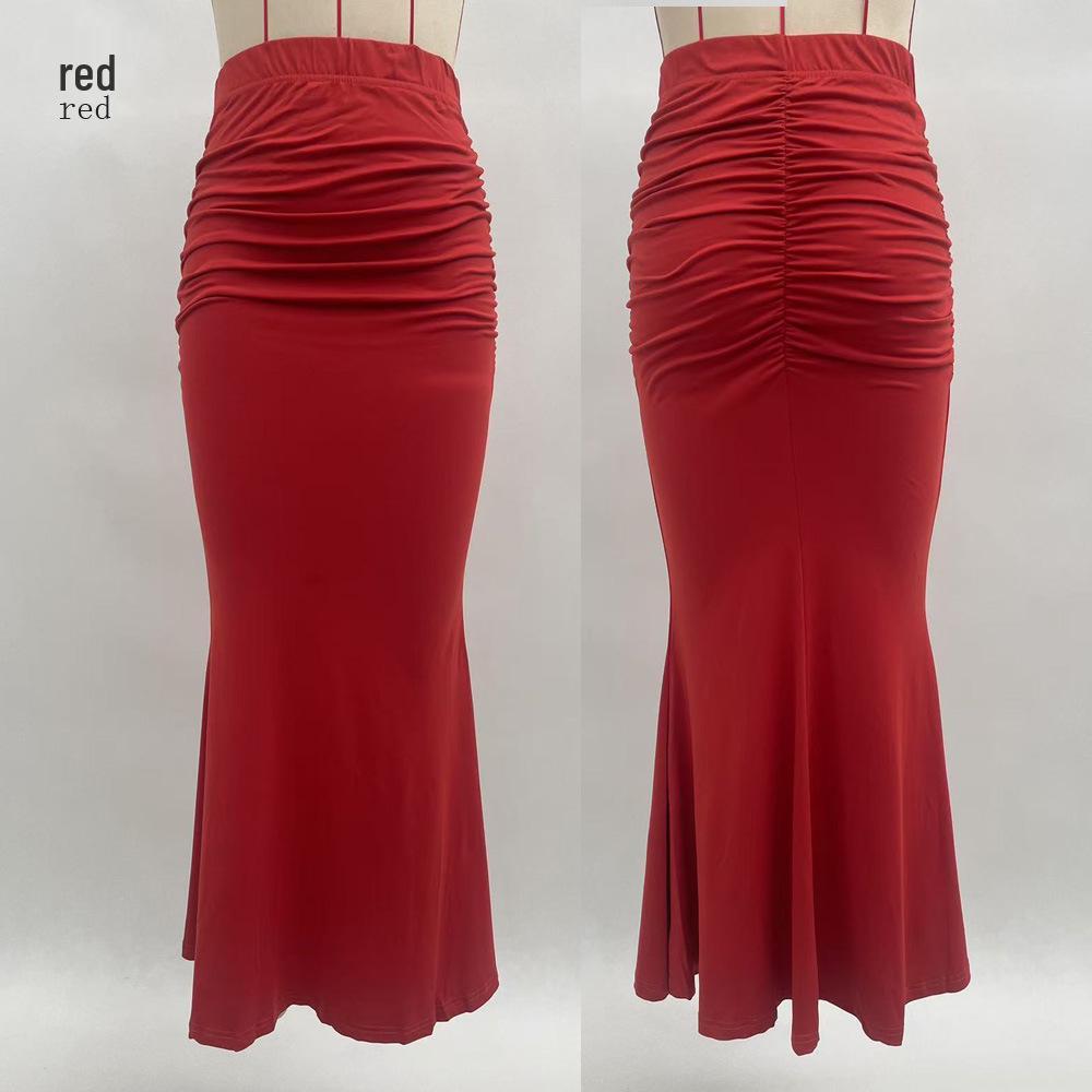 European and American High-Waisted Elastic Pleated Fishtail Midi Skirt for Autumn and Winter