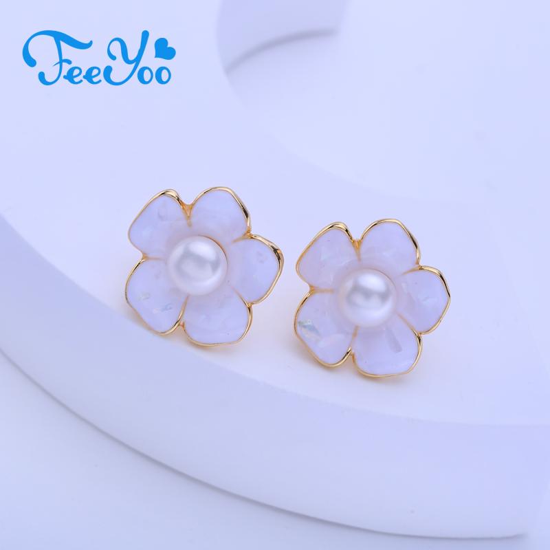

FEEYOO серьги с натуральным пресноводным жемчугом для женщин и девочек, модные серьги-гвоздики золотого цвета с цветком, вечерние украшения