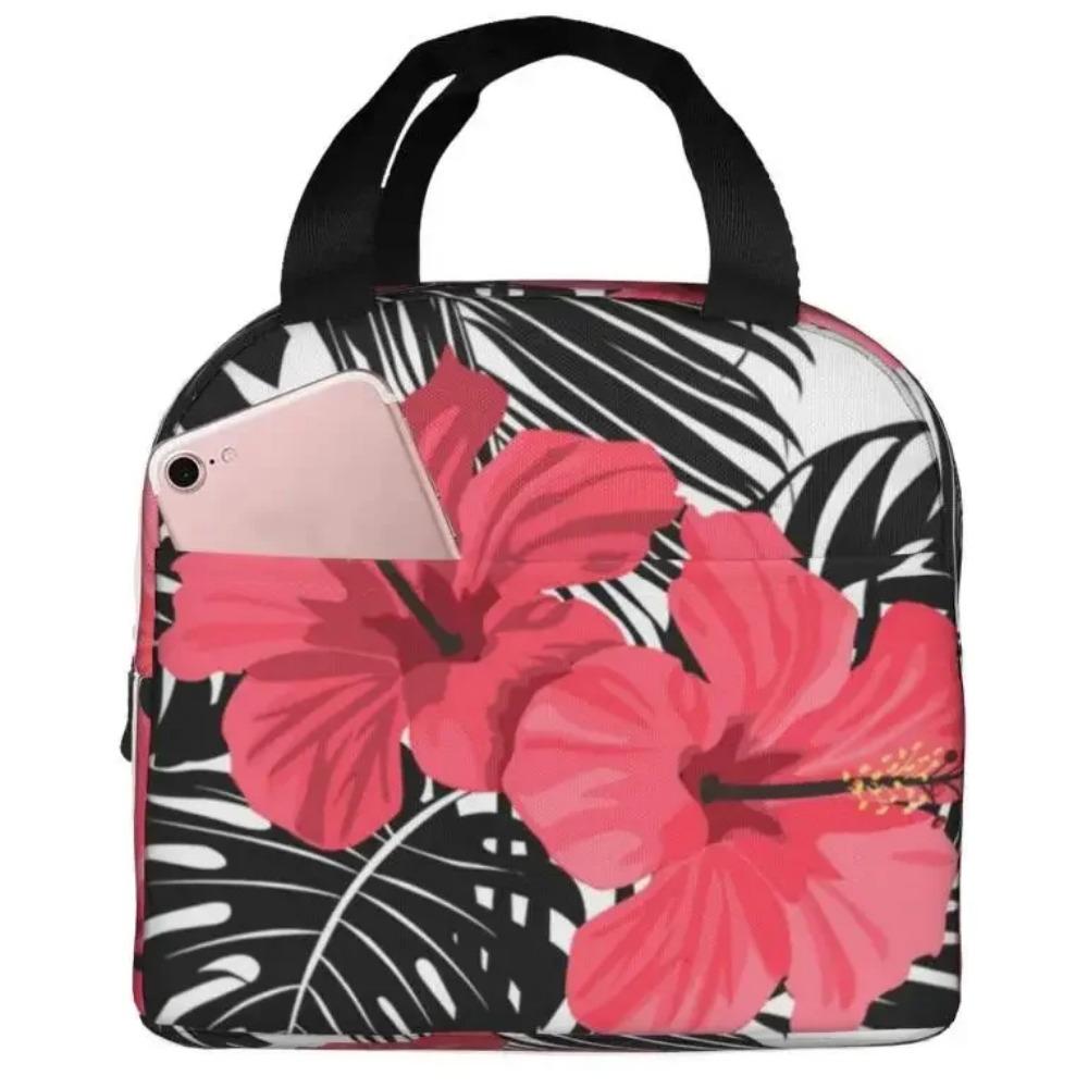 Red Hibiscus Large Insulated Lunch Bag Blue Tropical Leaves Hawaii Floral Lunch Box for Boys Girls Men Women Work Shcool Picnic