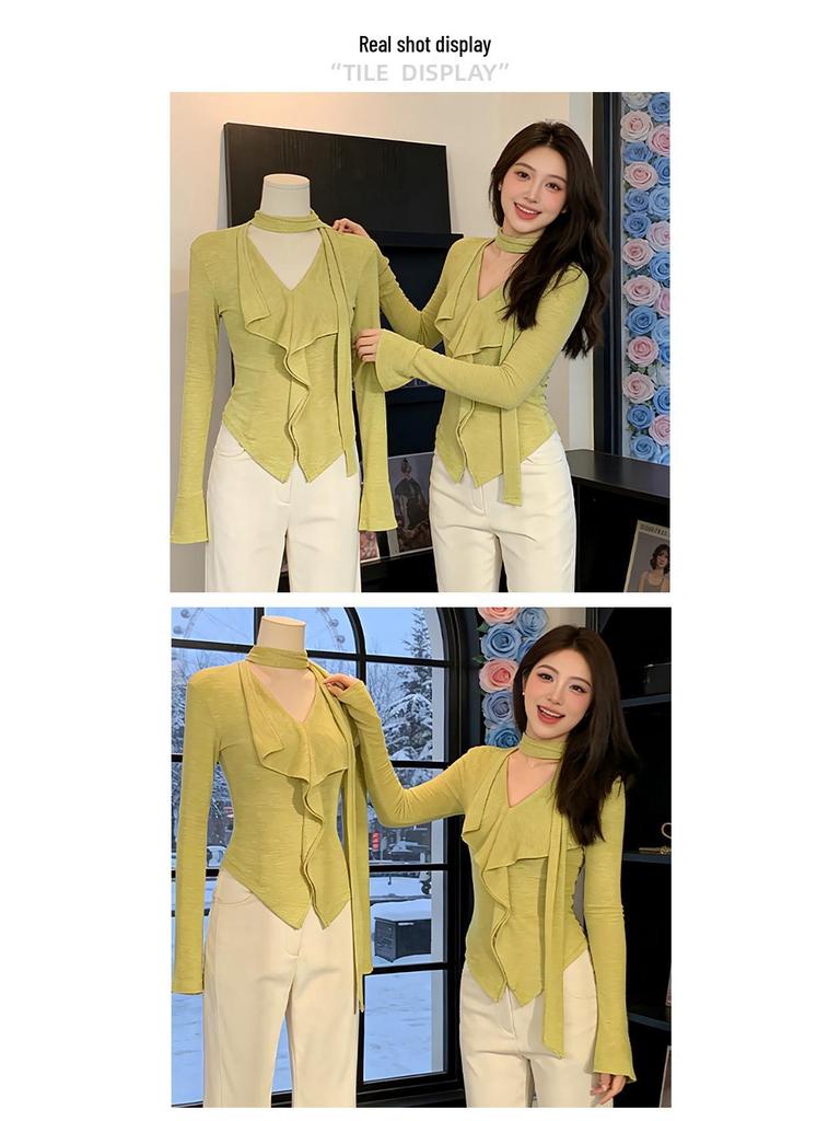 Ruffle Tie V-Neck Long Sleeve Green Slimming Casual T-shirt for Women