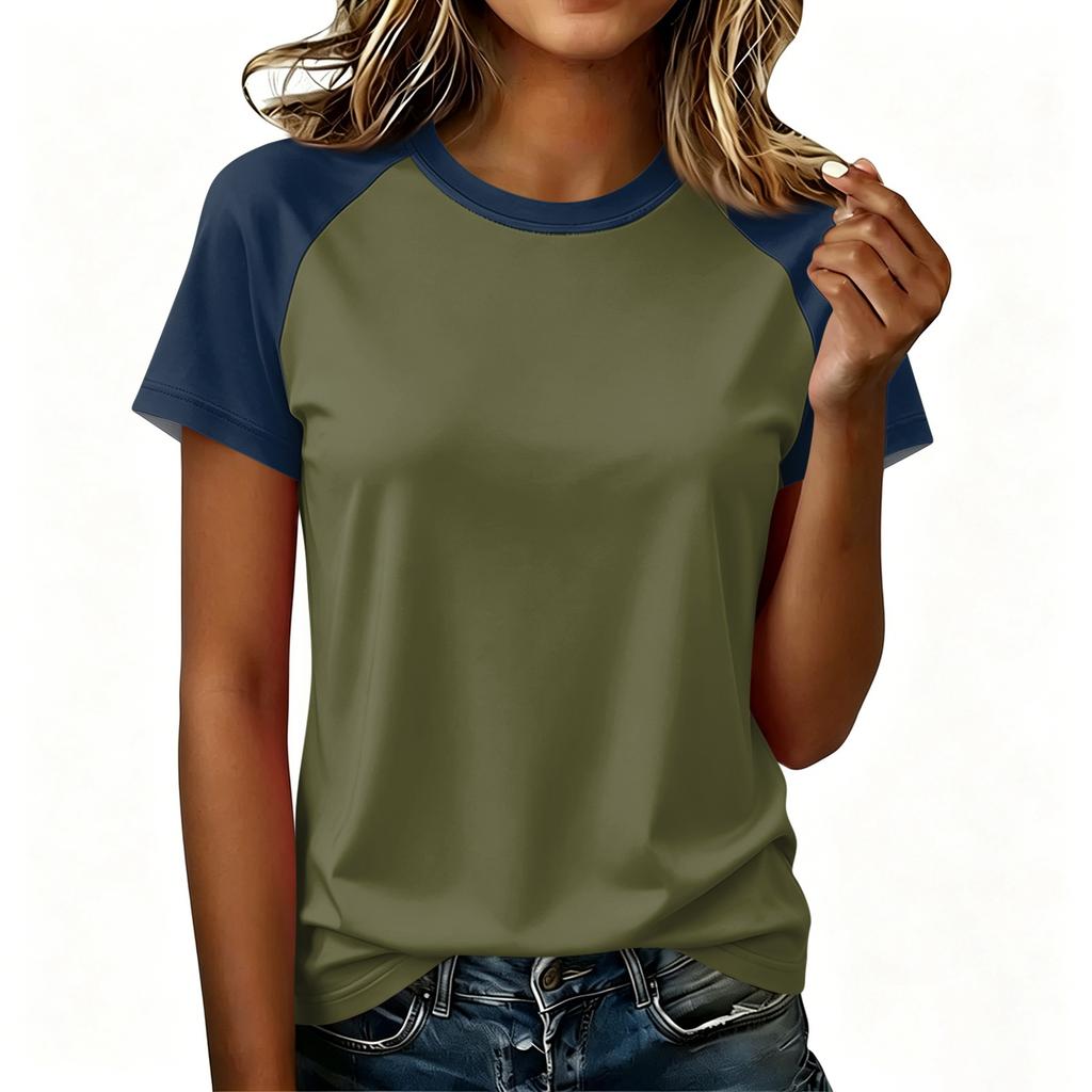 Women Casual Short Sleeve Raglan Sleeve T Shirt Crew Neck Color Block Loose Fit Lightweight Summer Top
