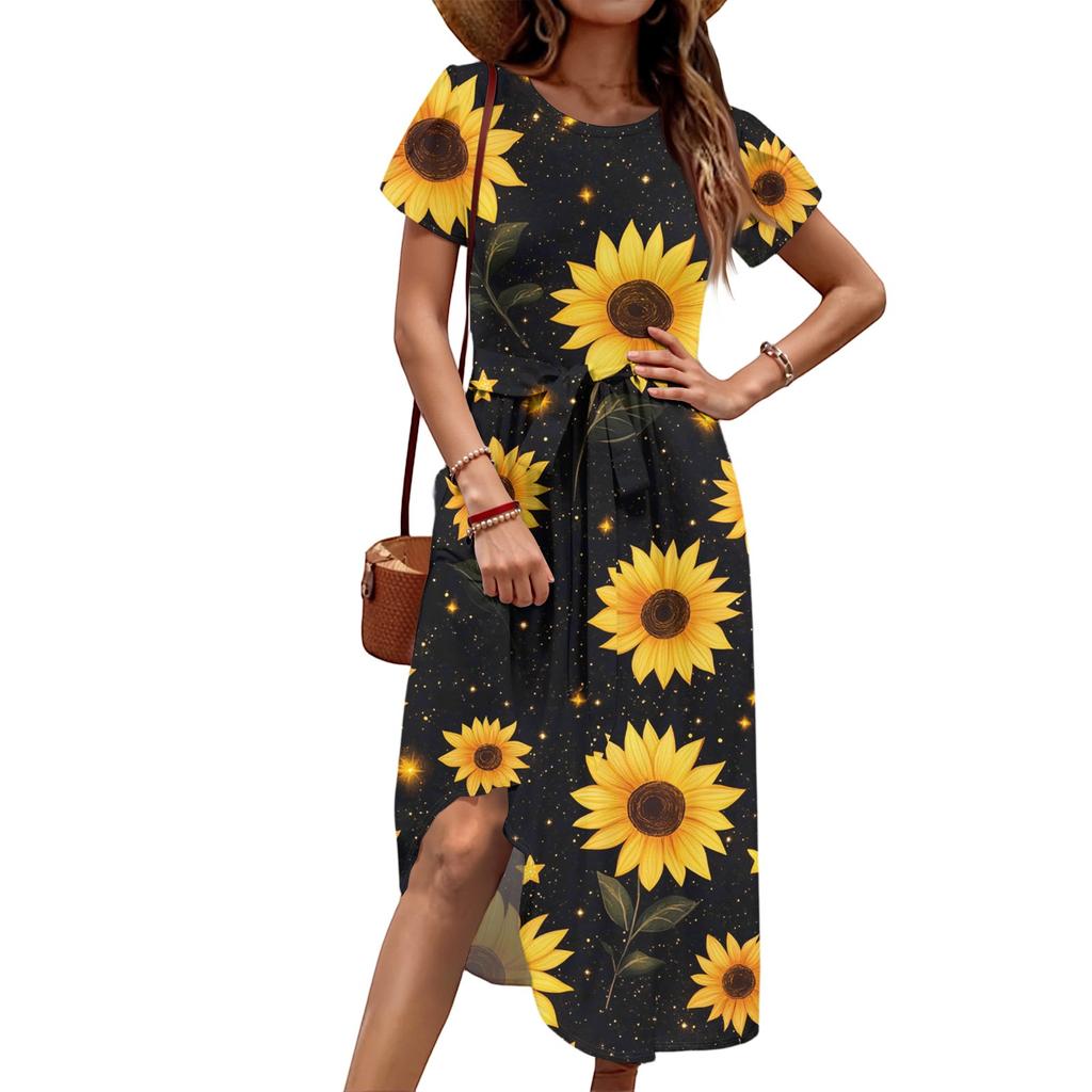 Women's Summer  Casual Floral Print  Round Neck Midi Dress Basic Classic Outdoor Everyday Short Sleeve Loose Dress