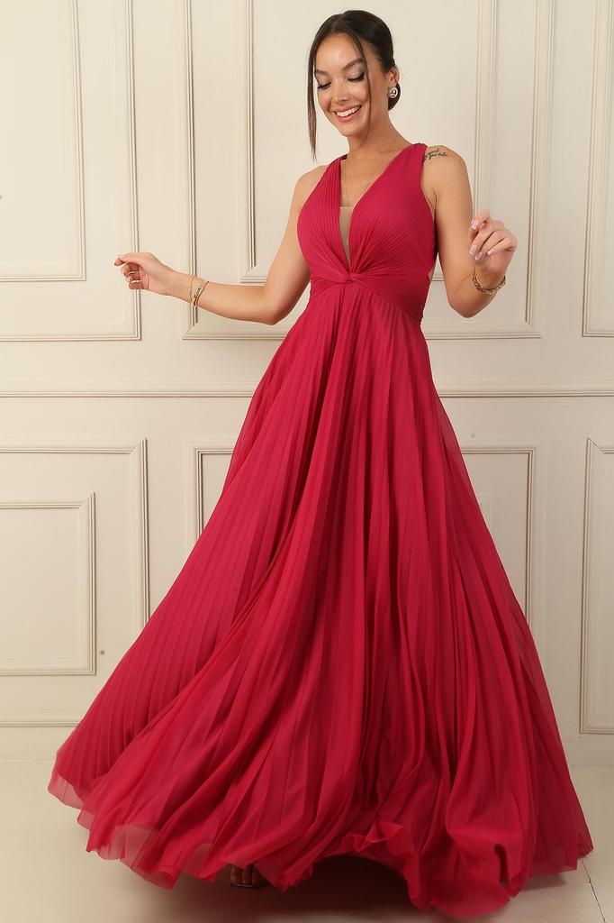 Backless Front Knot Detail Lined Pleated Long Chiffon Evening Dress