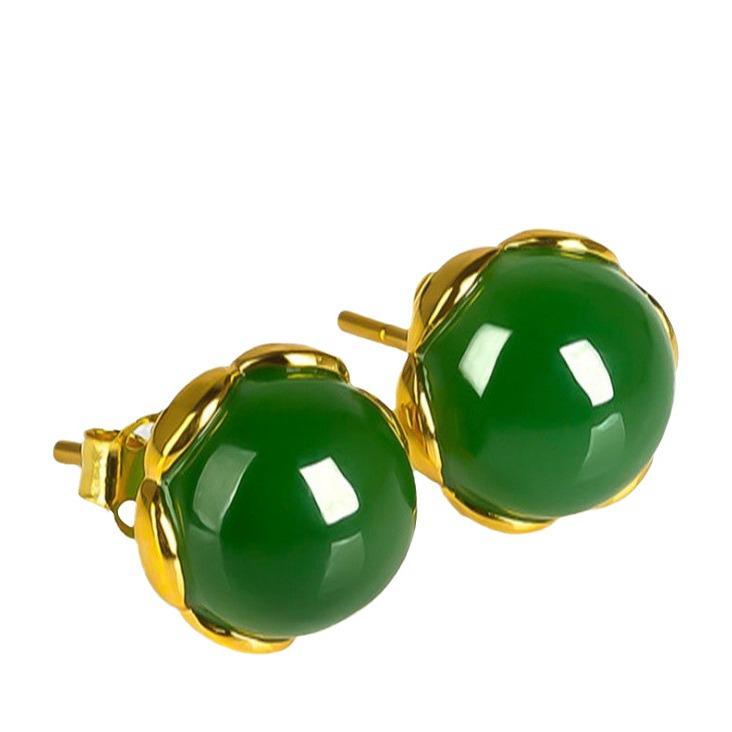 18k Gold-Plated Green Chalcedony and Jasper Stud Earrings for Women
