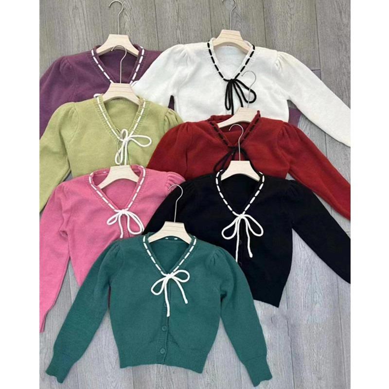 Elegant Sweet Bow Lace-up V-neck Cardigan Women Sweater Korean Fashion Chic Spring and Autumn Loose Coats Versatile Long Sleeved Knitted Clothing
