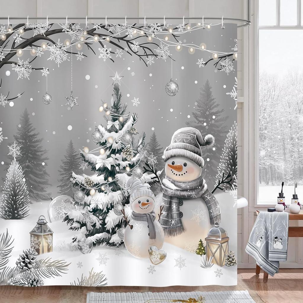 Winter Christmas Shower Curtain, Cute Snowman Xmas Tree Grey Snowy Forest Snowflake Bathroom Decor Polyester Fabric Waterproof