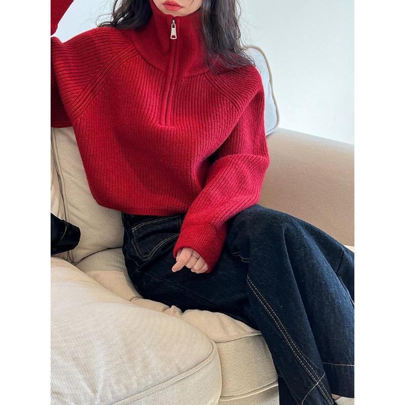Korean Design Turtleneck Semi-zipper Women Short Autumn New High-waist Sweater Loose Thick