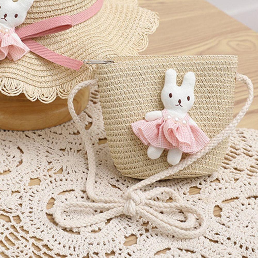 Cute Cartoon Bunny Mini Straw Bag Handmade Woven Zipper Kid Messenger Bags Coin Purse Photo Props Storage Basket