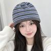 Wool Blend Ribbed Knitted Cap Color Blocked Warm Pullover Hat Striped Beanie Hat  Autumn Winter
