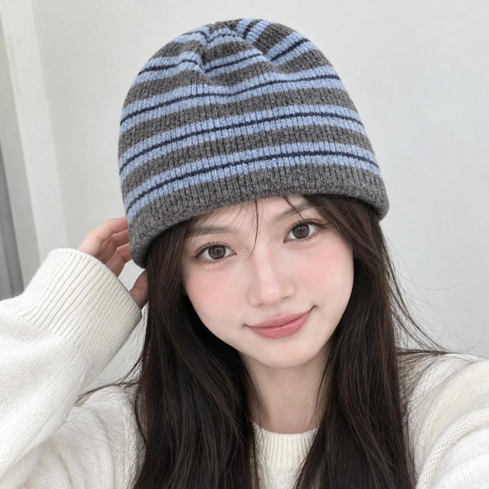 Wool Blend Ribbed Knitted Cap Color Blocked Warm Pullover Hat Striped Beanie Hat Autumn Winter