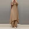 Spring and Autumn New Muslim Women's Clothing Middle East Solid Color Crew Neck Wooden Button Long Sleeve Wide Leg Pants Set