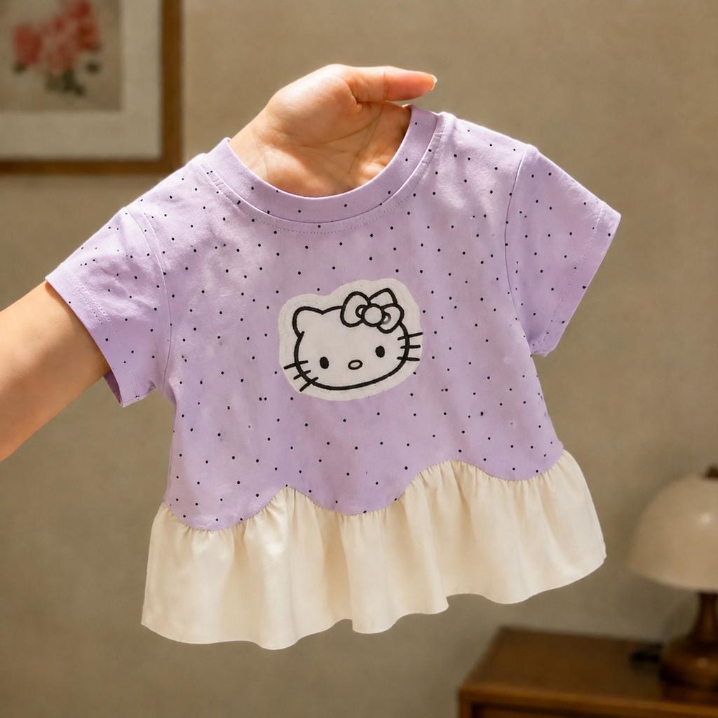 Girls Summer Short Sleeve T Shirt Cotton Polka Dot Applique Top