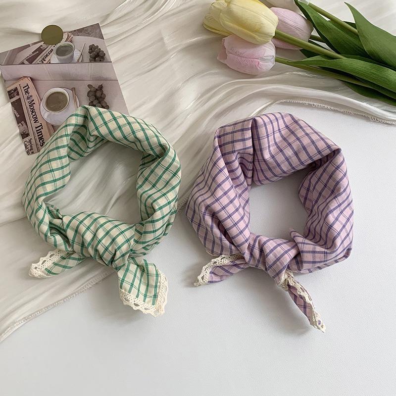 Silk scarf neck small square scarf plaid lace edge versatile fashion scarf headscarf summer women pastoral silk scarf headband